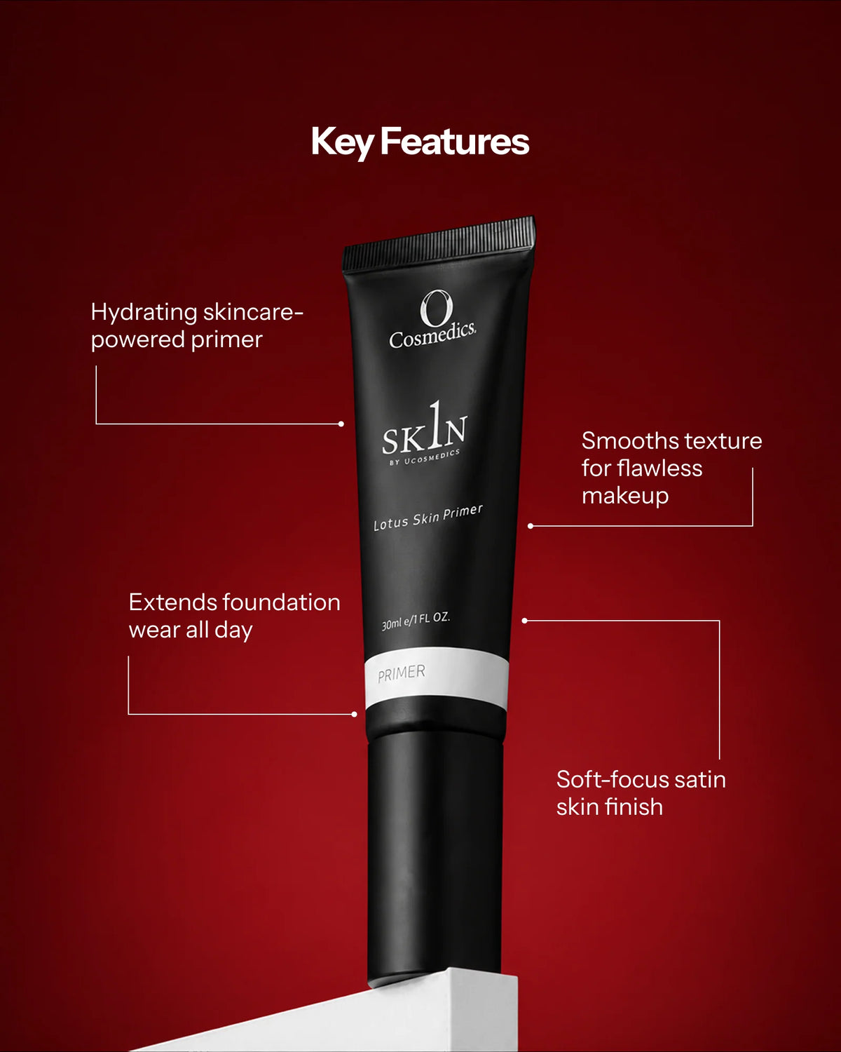 O Cosmedics 1SKIN Lotus Skin Primer 30ml with hydrating botanical ingredients and soft-focus technology to refine uneven texture, minimise pores and extend makeup wear.