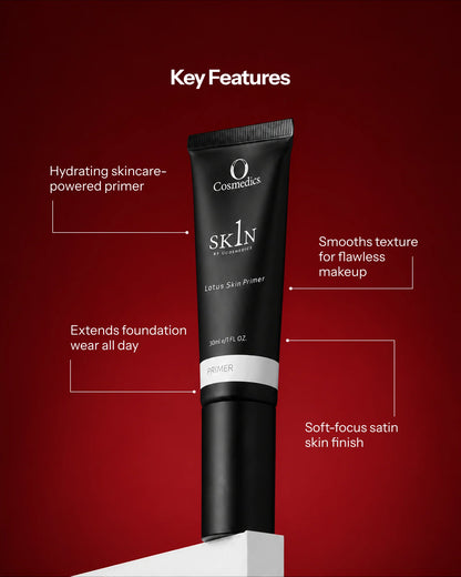 O Cosmedics 1SKIN Lotus Skin Primer 30ml with hydrating botanical ingredients and soft-focus technology to refine uneven texture, minimise pores and extend makeup wear.