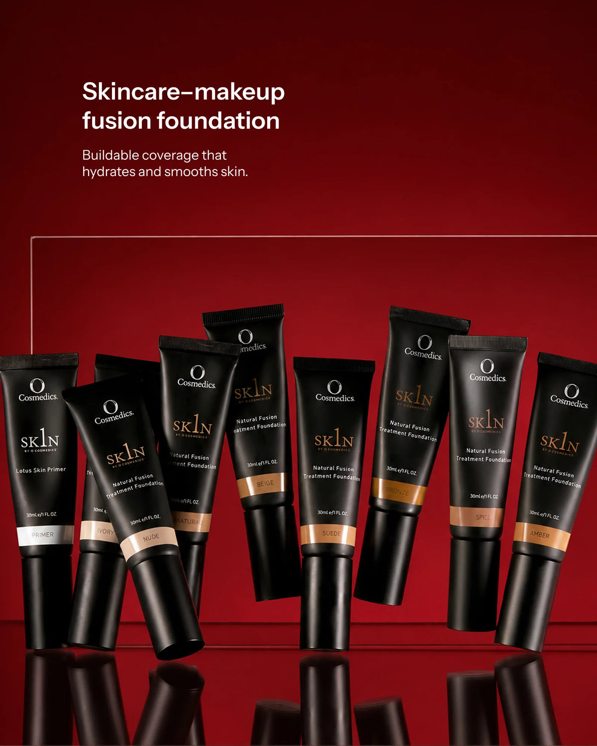 O Cosmedics 1SKIN Natural Fusion Treatment Foundation 30ml, skincare-infused makeup with Green Pea Polypeptide and nourishing botanical oils for buildable, natural coverage.