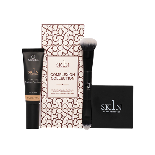 O Cosmedics 1SKIN Complexion Collection with O Cosmedics 1SKIN Natural Fusion Treatment Foundation in True Natural, O Cosmedics 1SKIN BLUR Translucent Powder and complimentary O Cosmedics 1SKIN Ultimate Makeup Brush.