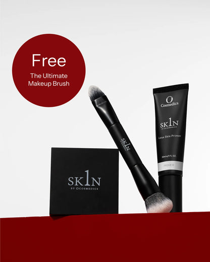 O Cosmedics 1SKIN Complexion Collection featuring O Cosmedics 1SKIN Lotus Skin Primer, O Cosmedics 1SKIN BLUR Translucent Powder and FREE O Cosmedics 1SKIN Ultimate Makeup Brush for seamless makeup application.