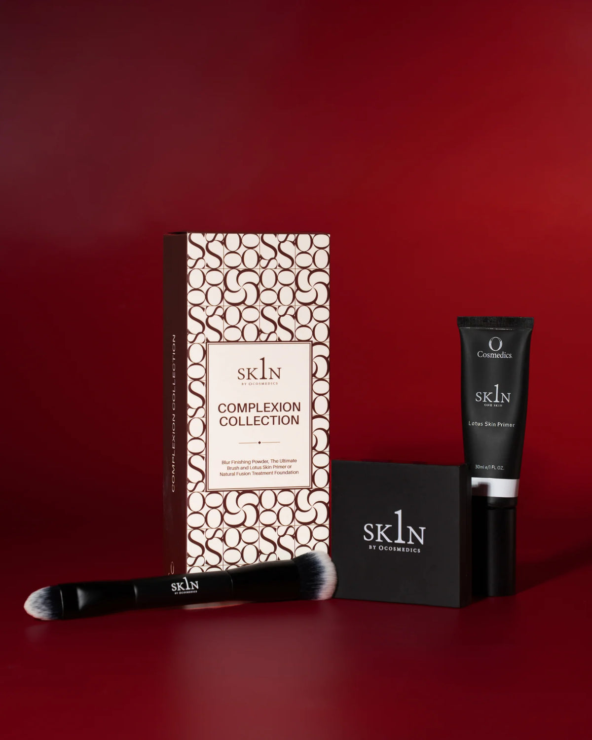 O Cosmedics 1SKIN Complexion Collection with O Cosmedics 1SKIN Lotus Skin Primer, O Cosmedics 1SKIN BLUR Translucent Powder and FREE O Cosmedics 1SKIN Ultimate Makeup Brush for smooth, radiant makeup.