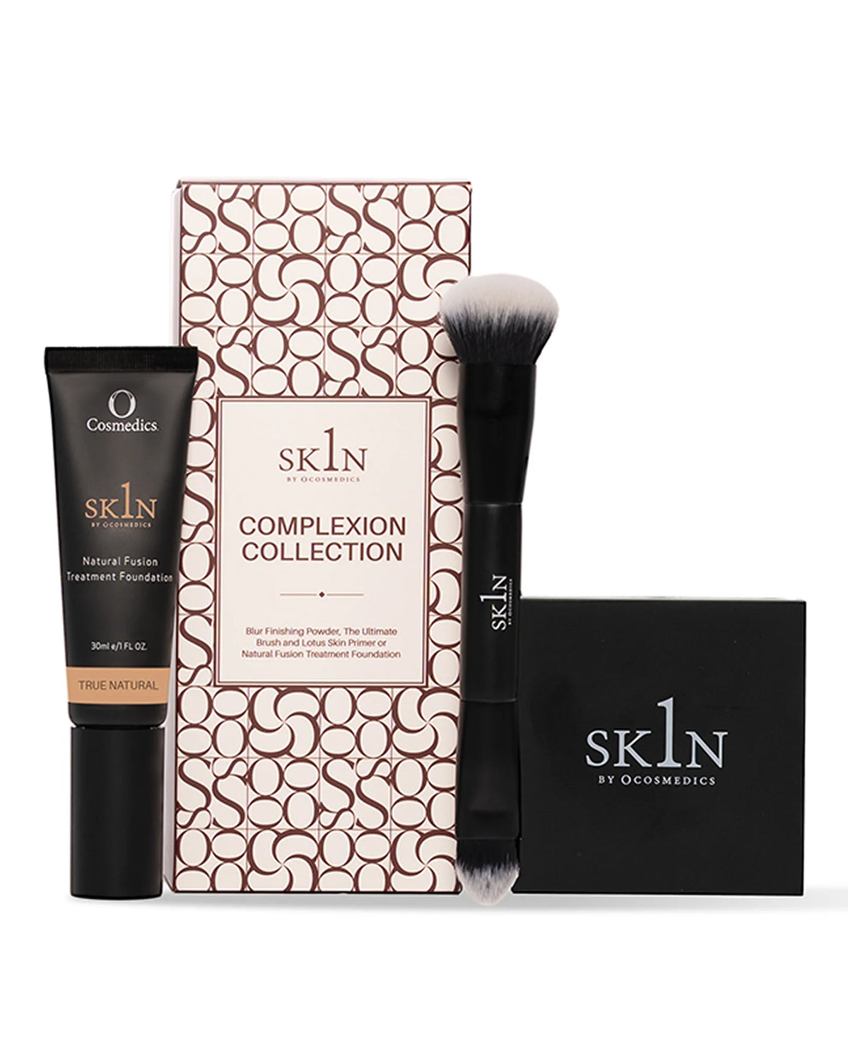 O Cosmedics 1SKIN Complexion Collection with O Cosmedics 1SKIN Natural Fusion Treatment Foundation in True Natural, O Cosmedics 1SKIN BLUR Translucent Powder and complimentary O Cosmedics 1SKIN Ultimate Makeup Brush.