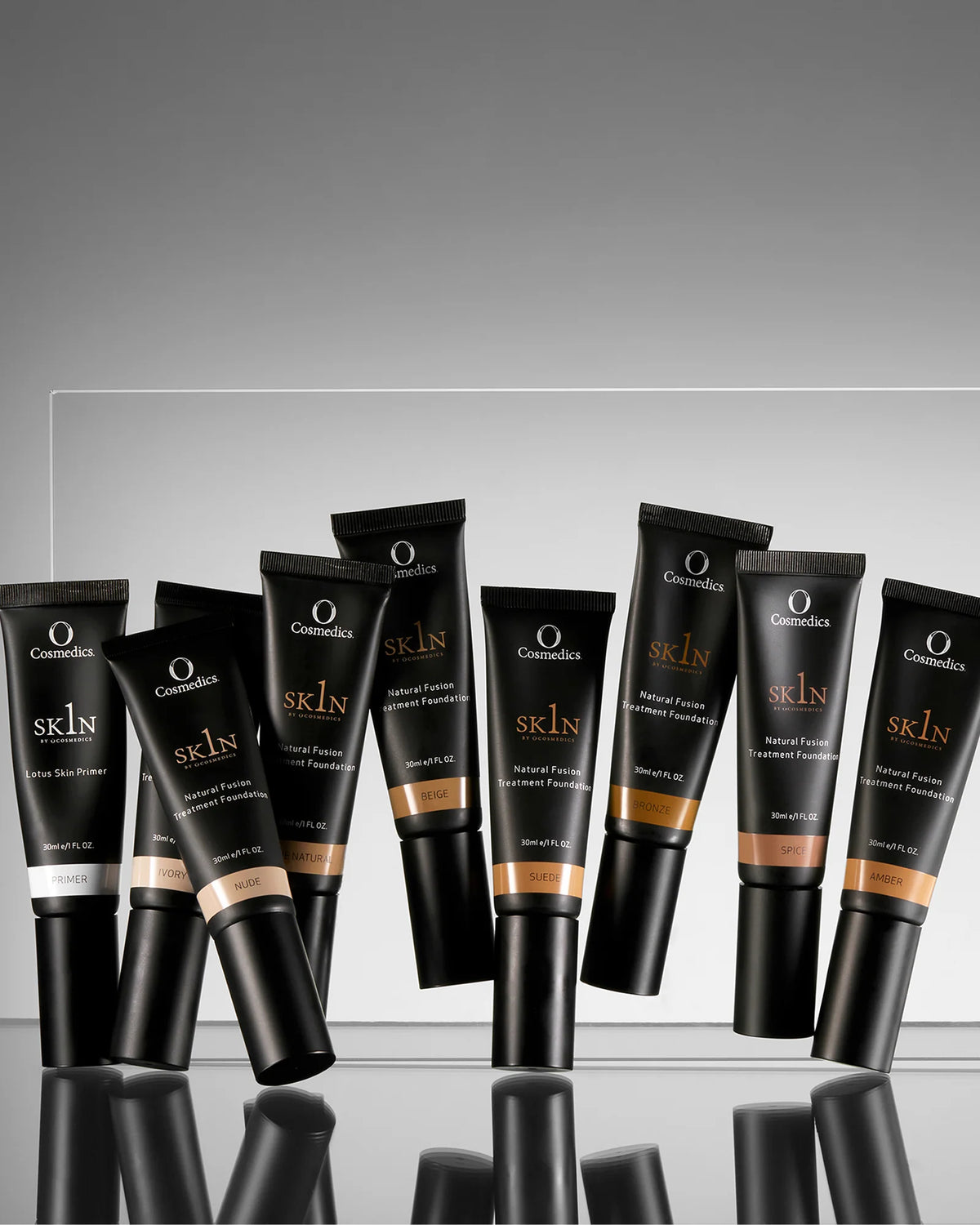 O Cosmedics 1SKIN Lotus Skin Primer paired with O Cosmedics 1SKIN Natural Fusion Treatment Foundation for smoother application and a polished complexion.