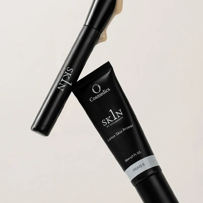 O Cosmedics 1SKIN Lotus Skin Primer with O Cosmedics 1SKIN Seamless Complexion Brush for precise application and a smooth foundation base.