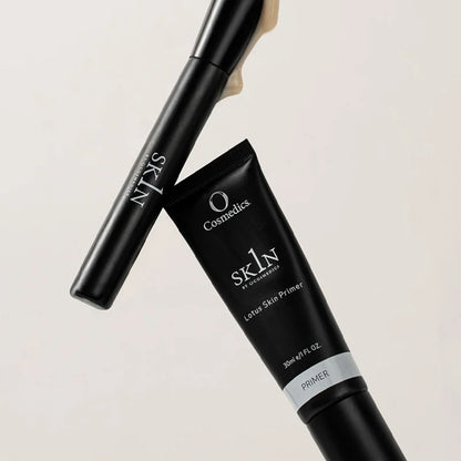 O Cosmedics 1SKIN Lotus Skin Primer with O Cosmedics 1SKIN Seamless Complexion Brush for precise application and a smooth foundation base.