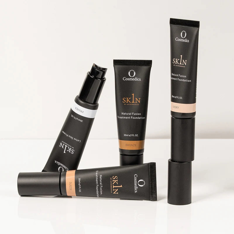 O Cosmedics 1SKIN Natural Fusion Treatment Foundation Ivory paired with O Cosmedics 1SKIN Lotus Skin Primer for a smooth, hydrated-looking makeup base.