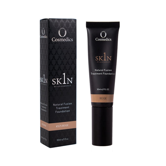 O Cosmedics 1SKIN Natural Fusion Treatment Foundation in Beige 30ml, buildable skincare-infused foundation for light-to-medium warm beige complexions.