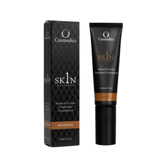 O Cosmedics 1SKIN Natural Fusion Treatment Foundation in Bronze 30ml, deep liquid foundation with rich red-brown undertones and skincare-infused coverage.
