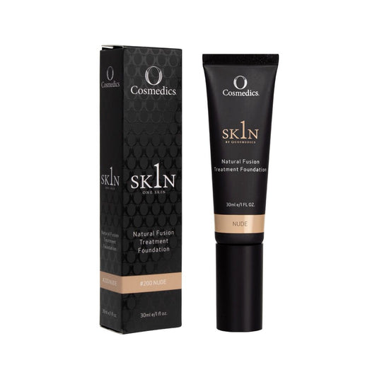 O Cosmedics 1SKIN Natural Fusion Treatment Foundation Nude 30ml, light neutral-warm beige skincare foundation with buildable coverage and nourishing ingredients.