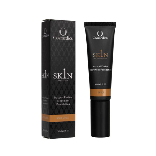 O Cosmedics 1SKIN Natural Fusion Treatment Foundation in Spice 30ml, skincare-infused liquid foundation for tan complexions with rich warm red undertones.