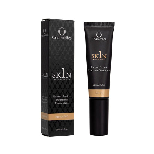 O Cosmedics 1SKIN Natural Fusion Treatment Foundation in Suede 30ml, skincare-infused liquid foundation for medium skin with neutral-warm undertones.