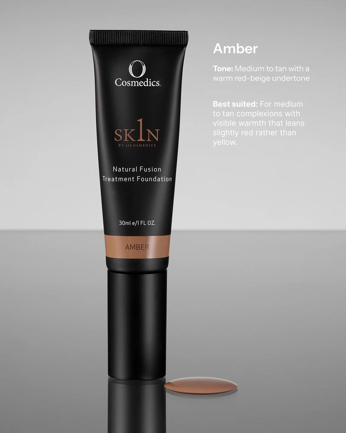 O Cosmedics 1SKIN Natural Fusion Treatment Foundation 30ml in Amber, a medium-tan shade with warm red-beige undertones and a smooth, natural-looking finish.