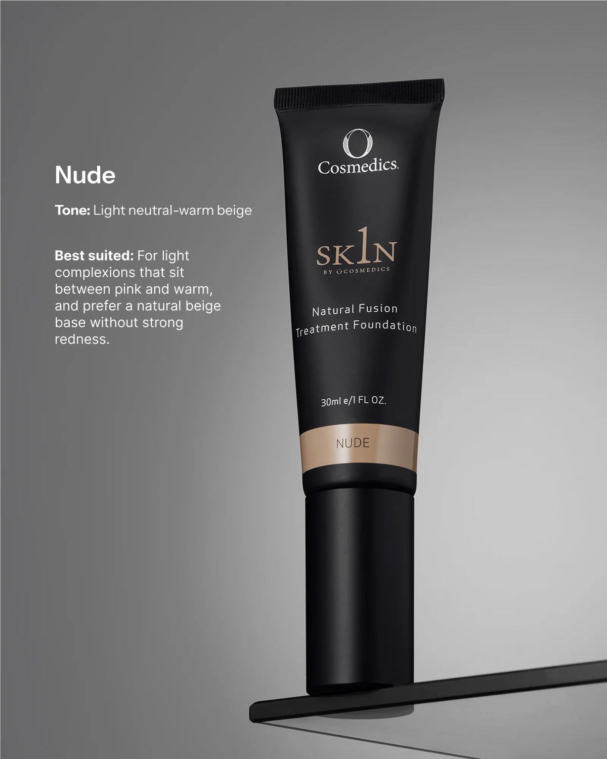 O Cosmedics 1SKIN Natural Fusion Treatment Foundation 30ml in Nude, a light neutral-warm beige shade with skincare-infused coverage for a smooth, even complexion.