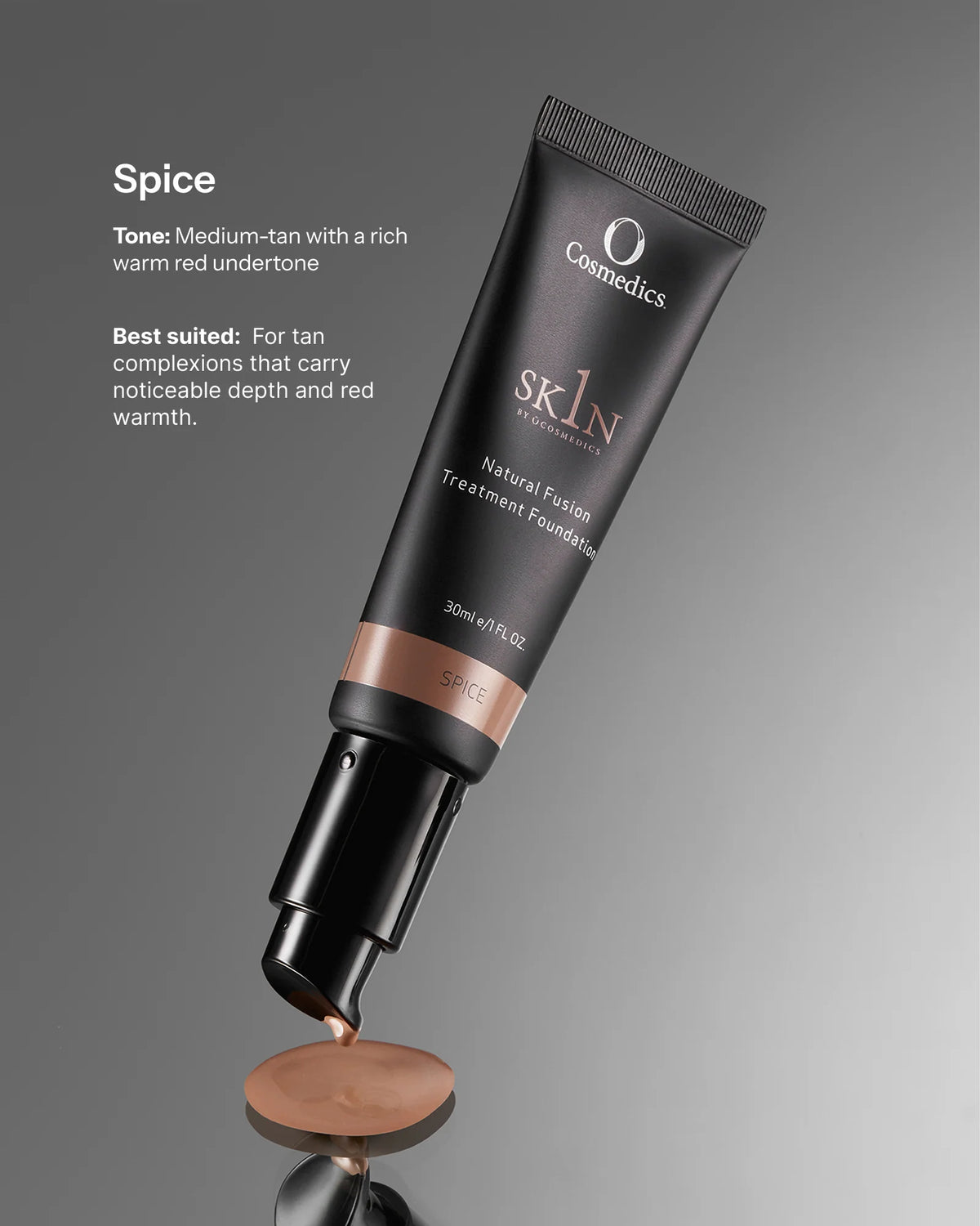 O Cosmedics 1SKIN Natural Fusion Treatment Foundation 30ml in Spice, a medium-tan shade with rich warm red undertones and lightweight, buildable foundation coverage.
