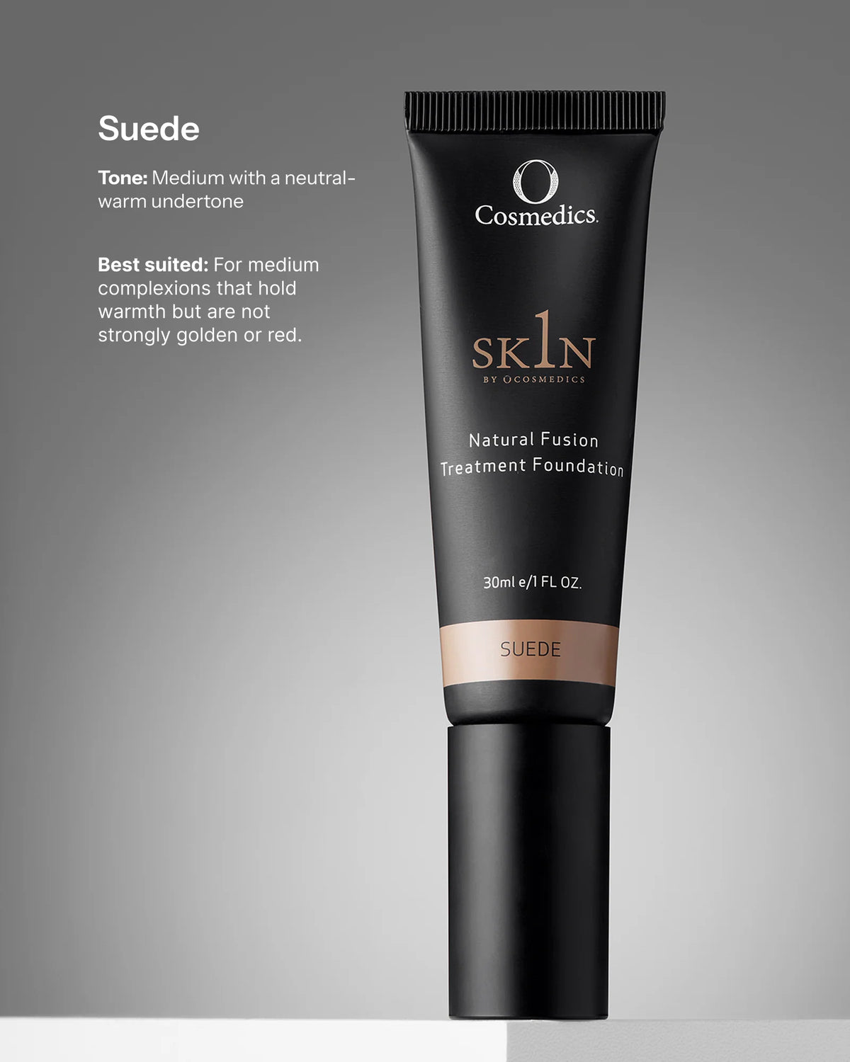 O Cosmedics 1SKIN Natural Fusion Treatment Foundation 30ml in Suede, a medium neutral-warm shade with buildable coverage for a naturally flawless-looking complexion.
