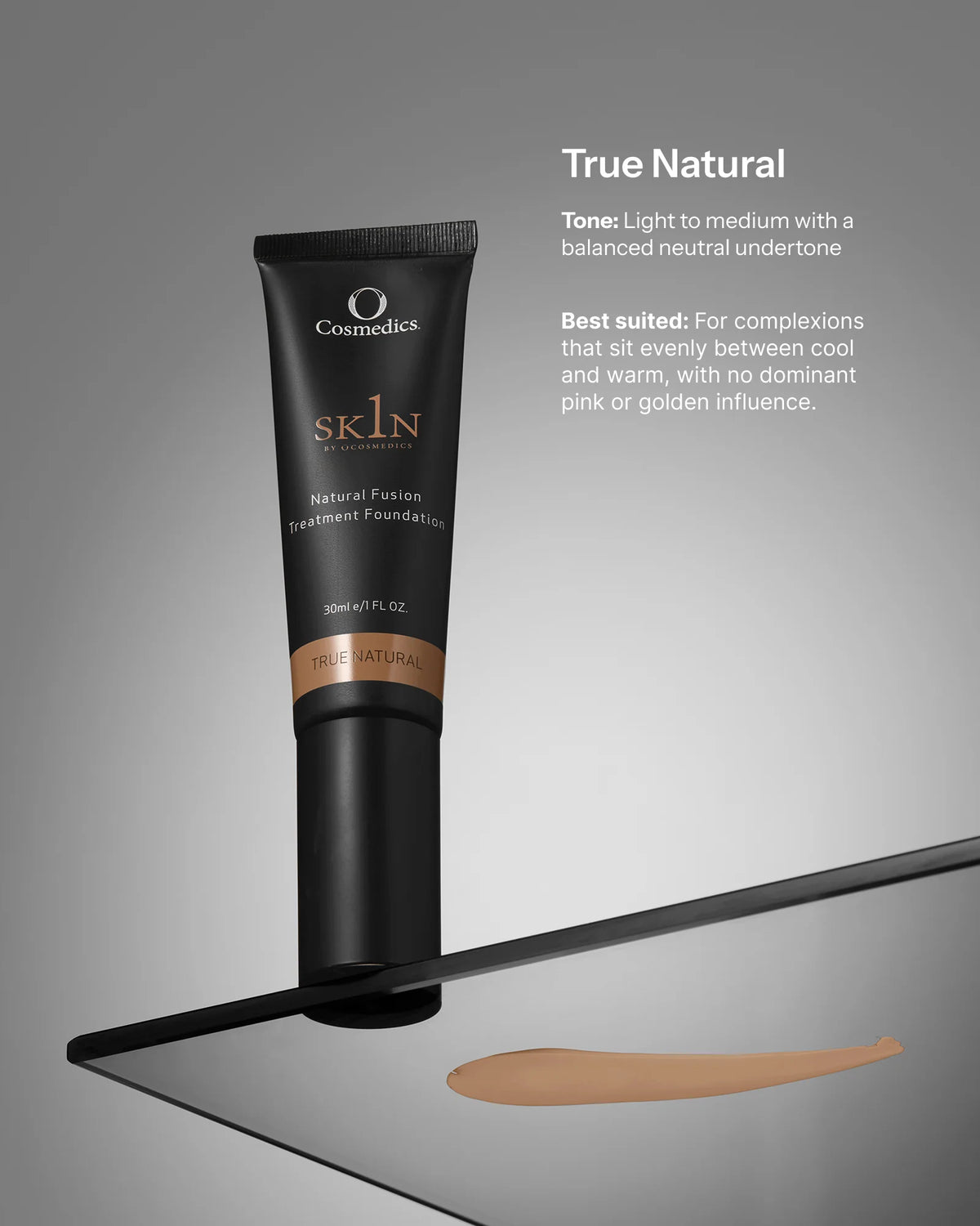 O Cosmedics 1SKIN Natural Fusion Treatment Foundation 30ml in True Natural, a light-medium neutral shade offering buildable coverage and a natural, skin-like finish.