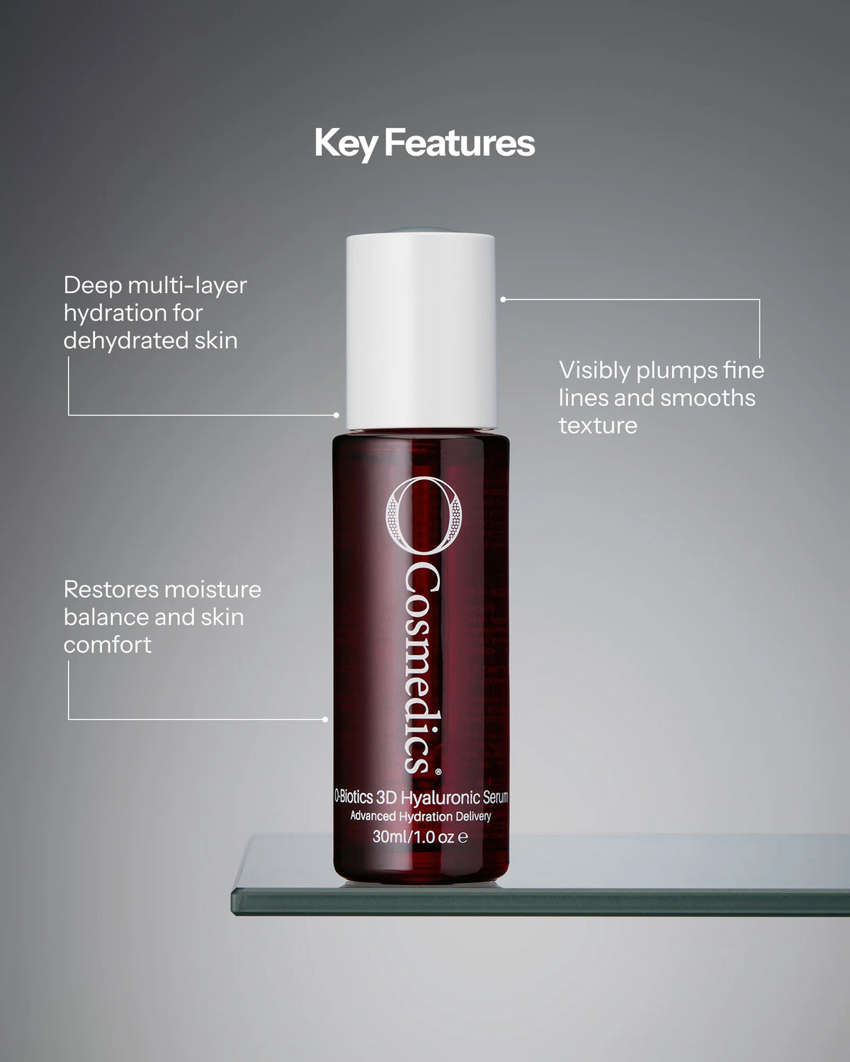 O Cosmedics 3D Hyaluronic Serum key features for multi-layer hydration, dehydration lines, moisture balance and plumper-looking skin.