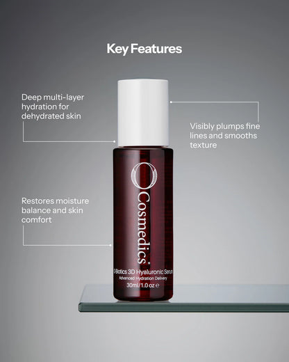 O Cosmedics 3D Hyaluronic Serum key features for multi-layer hydration, dehydration lines, moisture balance and plumper-looking skin.