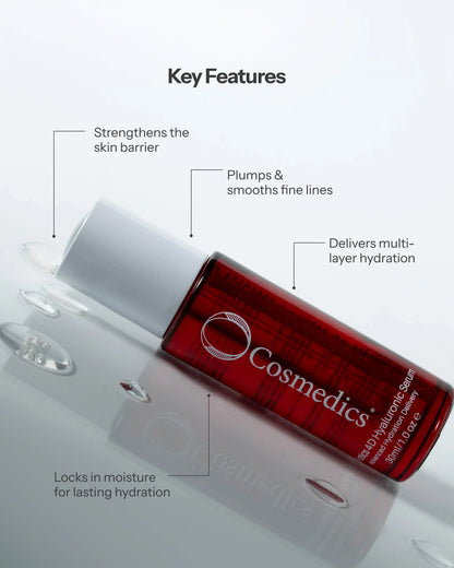 O Cosmedics 4D Hyaluronic Serum for dehydration, fine lines and skin barrier support with long-lasting multi-layer moisture.