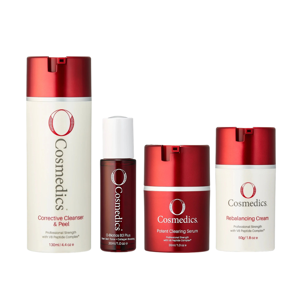 O Cosmedics Acne Prone Starter Kit complete routine for exfoliating cleansing, B3 serum support, targeted clearing and oil-free hydration.