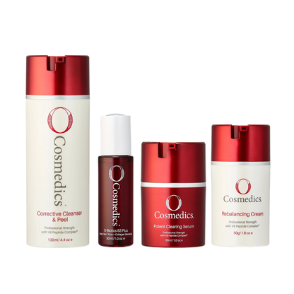O Cosmedics Acne Prone Starter Kit complete routine for exfoliating cleansing, B3 serum support, targeted clearing and oil-free hydration.