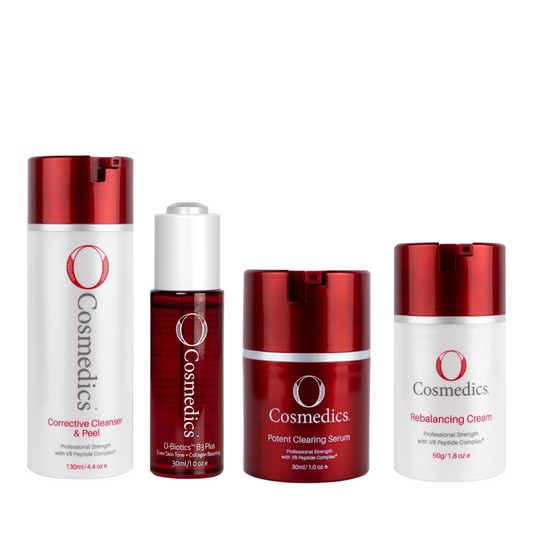 O Cosmedics Acne Prone Starter Kit complete routine for exfoliating cleansing, B3 serum support, targeted clearing and oil-free hydration.