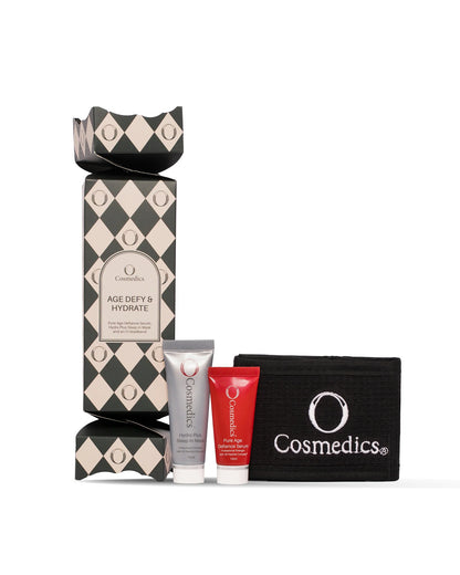 O Cosmedics Age Defy & Hydrate Bon-Bon Christmas gift set with O Cosmedics Pure Age Defiance Serum, O Cosmedics Hydra Plus Sleep-In Mask and reusable O Cosmedics headband.