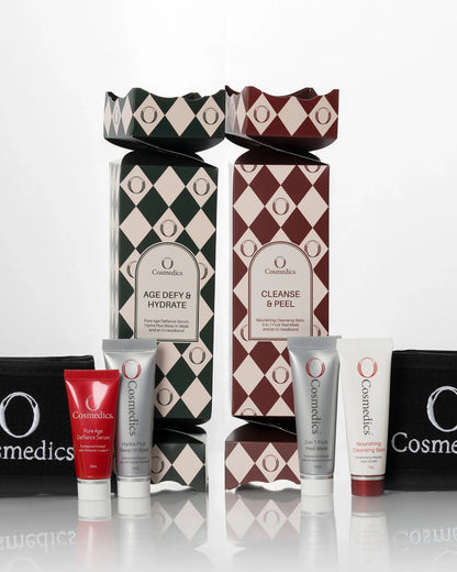 O Cosmedics Age Defy & Hydrate Bon-Bon for anti-ageing hydration alongside O Cosmedics Cleanse & Peel Bon-Bon Christmas skincare gift set.
