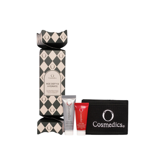 O Cosmedics Age Defy & Hydrate Bon-Bon Christmas gift set with O Cosmedics Pure Age Defiance Serum, O Cosmedics Hydra Plus Sleep-In Mask and reusable O Cosmedics headband.