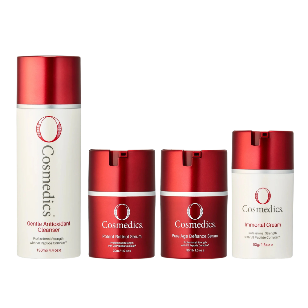 O Cosmedics Anti Aging Starter Kit featuring Gentle Antioxidant Cleanser, Potent Retinol Serum, Pure Age Defiance Serum and Immortal Cream for a complete age-management routine.