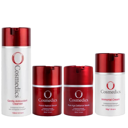 O Cosmedics Anti Aging Starter Kit featuring Gentle Antioxidant Cleanser, Potent Retinol Serum, Pure Age Defiance Serum and Immortal Cream for a complete age-management routine.