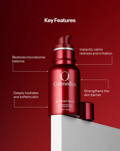 O Cosmedics B12 Smart Serum for redness, microbiome balance, deep hydration and compromised skin barrier support.