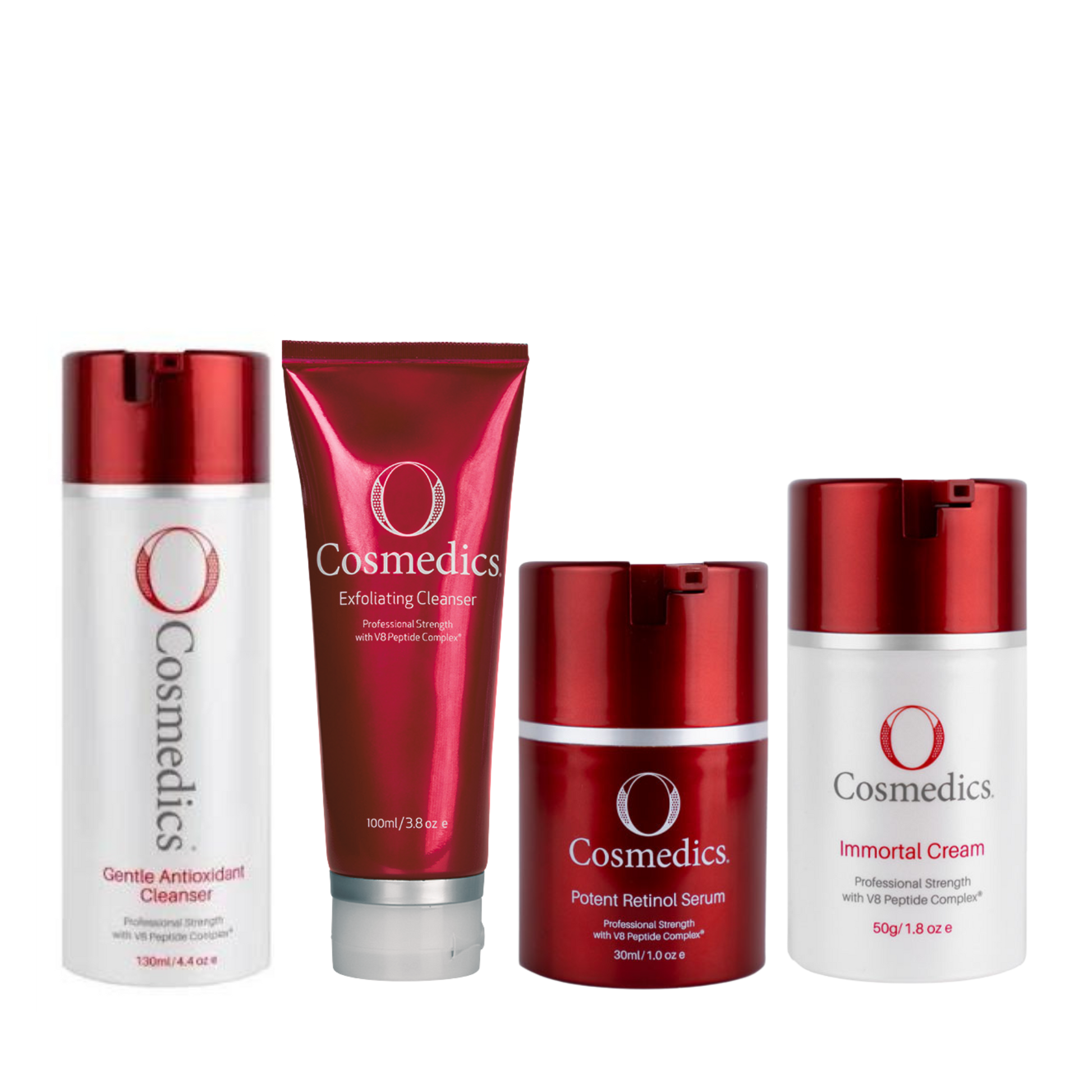O Cosmedics Sale. O Cosmedics Basics Starter Kit Contains Gentle Antioxidant Cleanser, Exfoliating Cleanser, Potent Retinol Serum and Immortal Cream