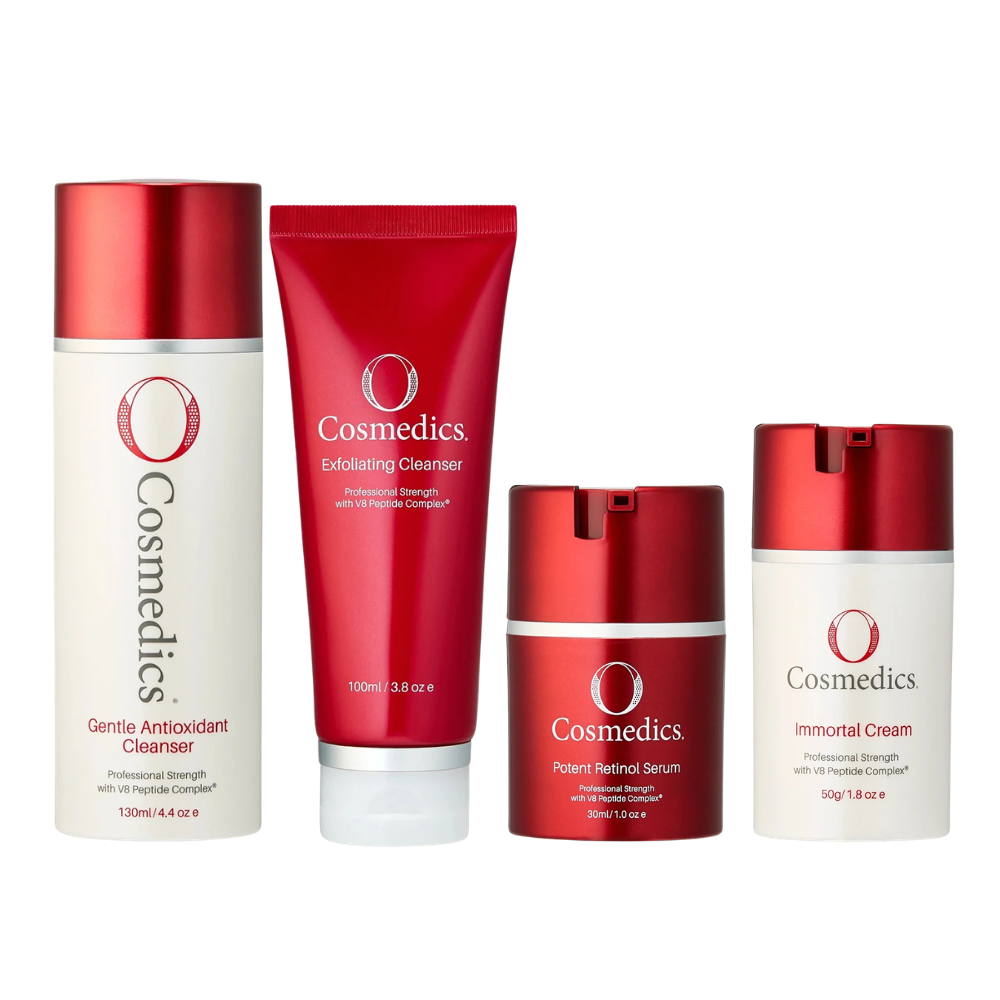 O Cosmedics Basics Starter Kit routine for daily cleansing, polished skin texture, retinol renewal and advanced hydration support.