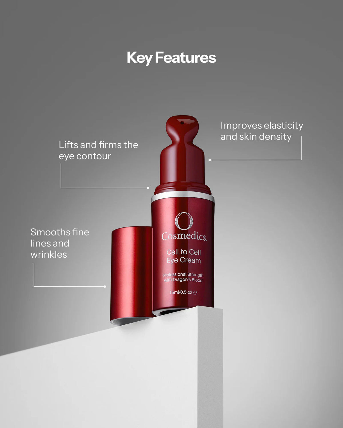 O Cosmedics Cell to Cell Eye Cream shown with applicator, designed to lift and firm the eye contour, smooth fine lines and improve skin density.