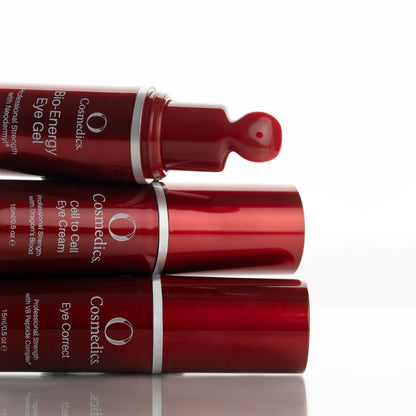 O Cosmedics Cell to Cell Eye Cream shown with Bio-Energy Eye Gel and Eye Correct as part of an advanced eye age-management routine.