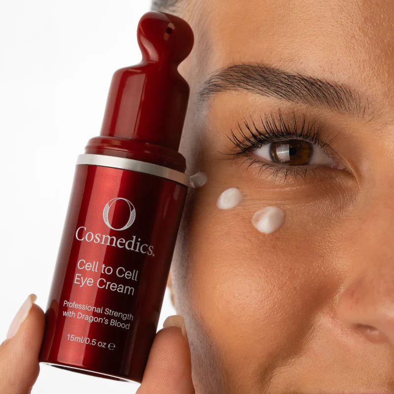 O Cosmedics Cell to Cell Eye Cream applied around the eye area to smooth fine lines, improve elasticity and support a firmer eye contour.