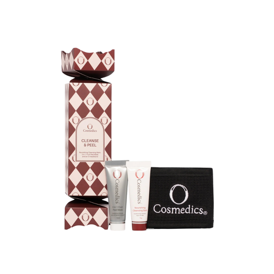 O Cosmedics Cleanse & Peel Bon-Bon Christmas skincare gift set with O Cosmedics Nourishing Cleansing Balm 15g, O Cosmedics 3 in 1 Fruit Peel Mask 15ml and O Cosmedics headband.