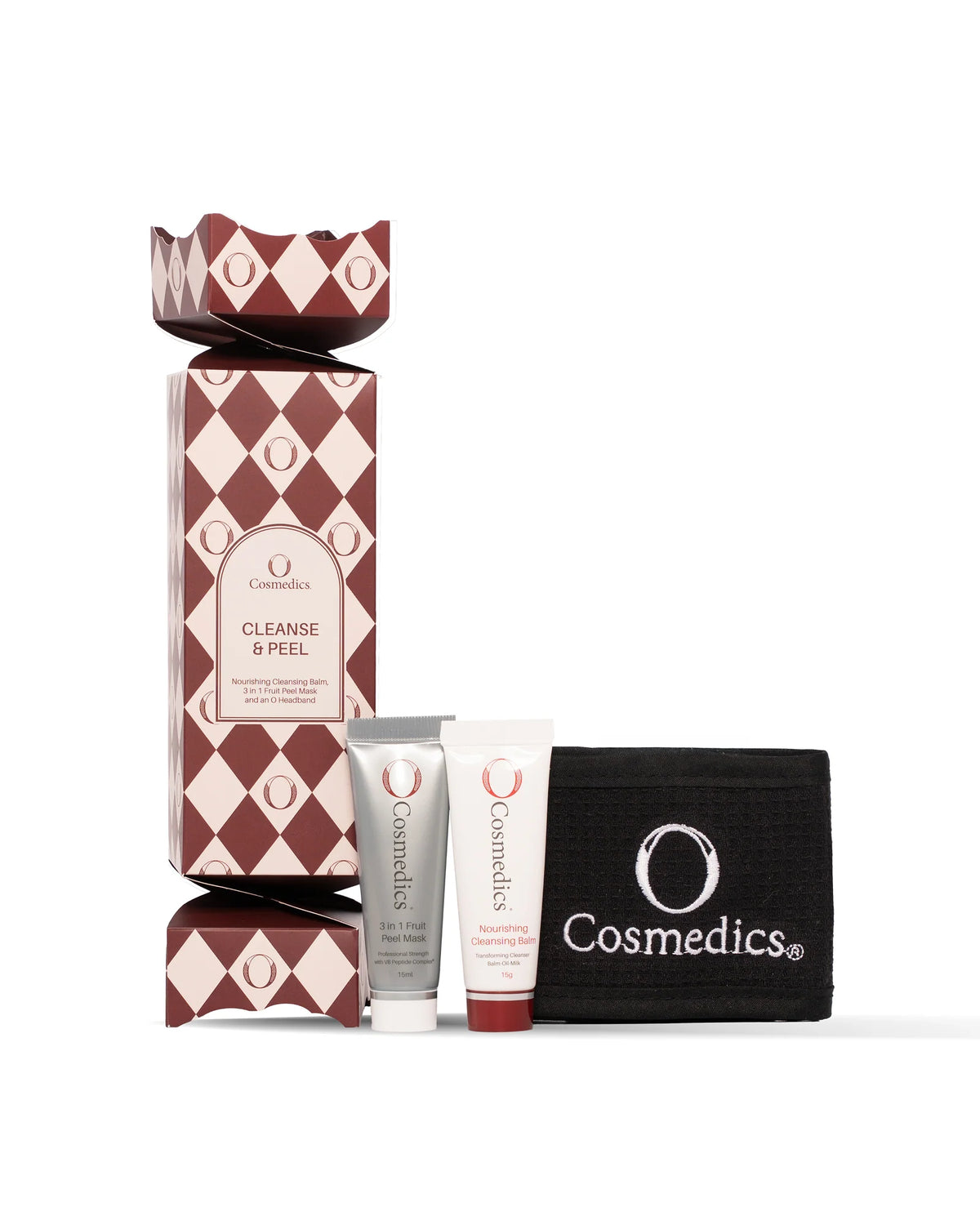 O Cosmedics Cleanse & Peel Bon-Bon Christmas skincare gift set with O Cosmedics Nourishing Cleansing Balm 15g, O Cosmedics 3 in 1 Fruit Peel Mask 15ml and O Cosmedics headband.