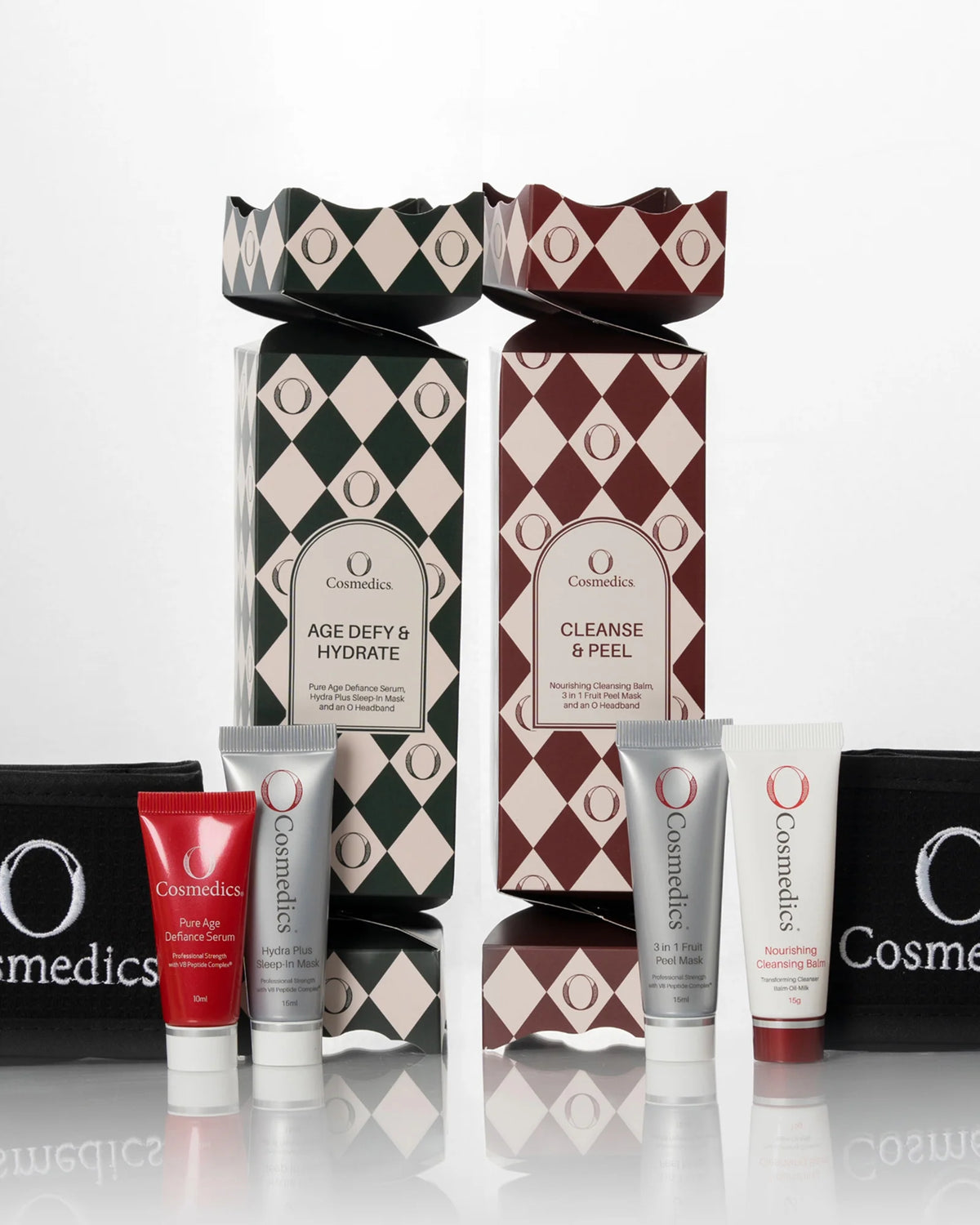 O Cosmedics Christmas skincare bon-bons featuring O Cosmedics Cleanse & Peel and O Cosmedics Age Defy & Hydrate gift sets with trial-sized professional skincare essentials.