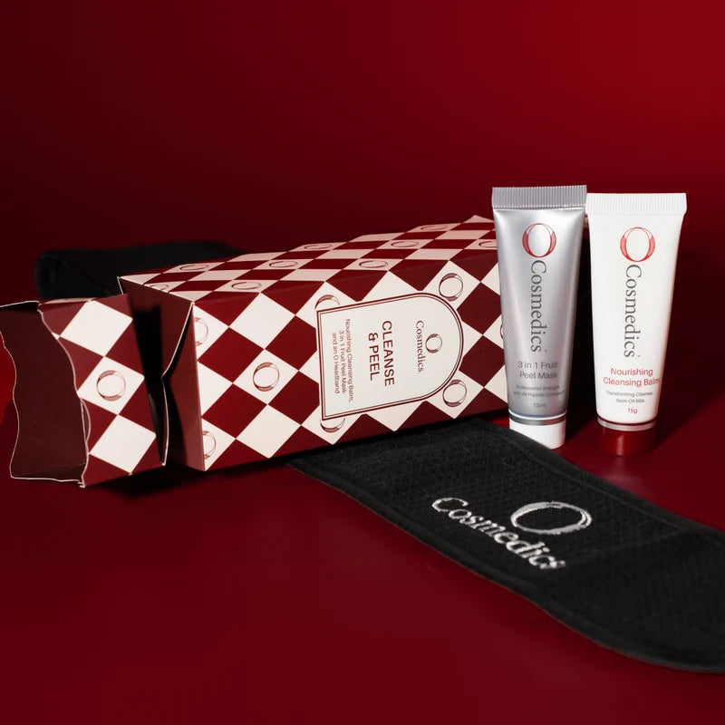 O Cosmedics Cleanse & Peel Bon-Bon with Papaya, Mango and Pomegranate enzyme mask, nourishing cleansing balm and reusable O Cosmedics headband.