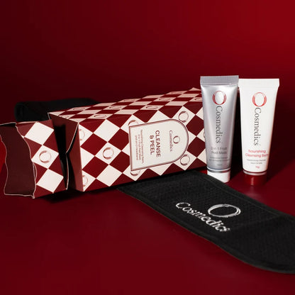 O Cosmedics Cleanse & Peel Bon-Bon with Papaya, Mango and Pomegranate enzyme mask, nourishing cleansing balm and reusable O Cosmedics headband.