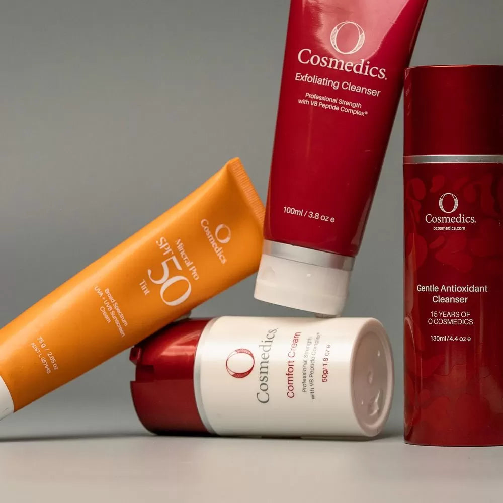 O Cosmedics Sale. Core Four Christmas Pack. Contains O Cosmedics Gentle Antioxidant Cleanser, O Cosmedics Exfoliating Cleanser, O Cosmedics Comfort Cream and your choice of O Cosmedics Mineral Pro Sunscreen