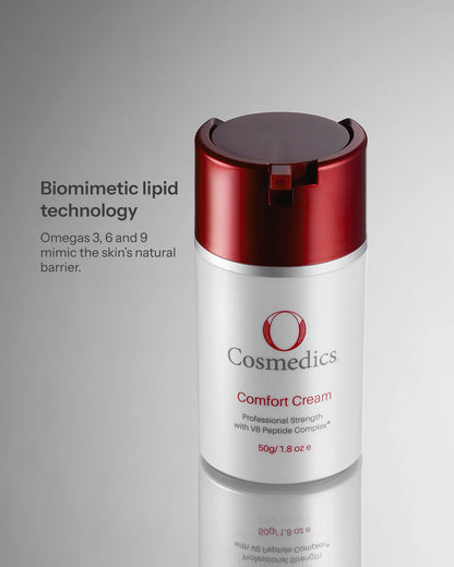 O Cosmedics Comfort Cream with biomimetic lipid technology and Omegas 3, 6 and 9 for moisture barrier support.
