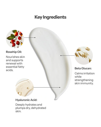 O Cosmedics Comfort Cream with Rosehip Oil, Beta Glucan and Hyaluronic Acid for hydration, nourishment and skin comfort.