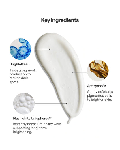 O Cosmedics Concentrated Brightening Serum with Brighlette, Actizyme and Flashwhite Unispheres for targeted pigmentation support.