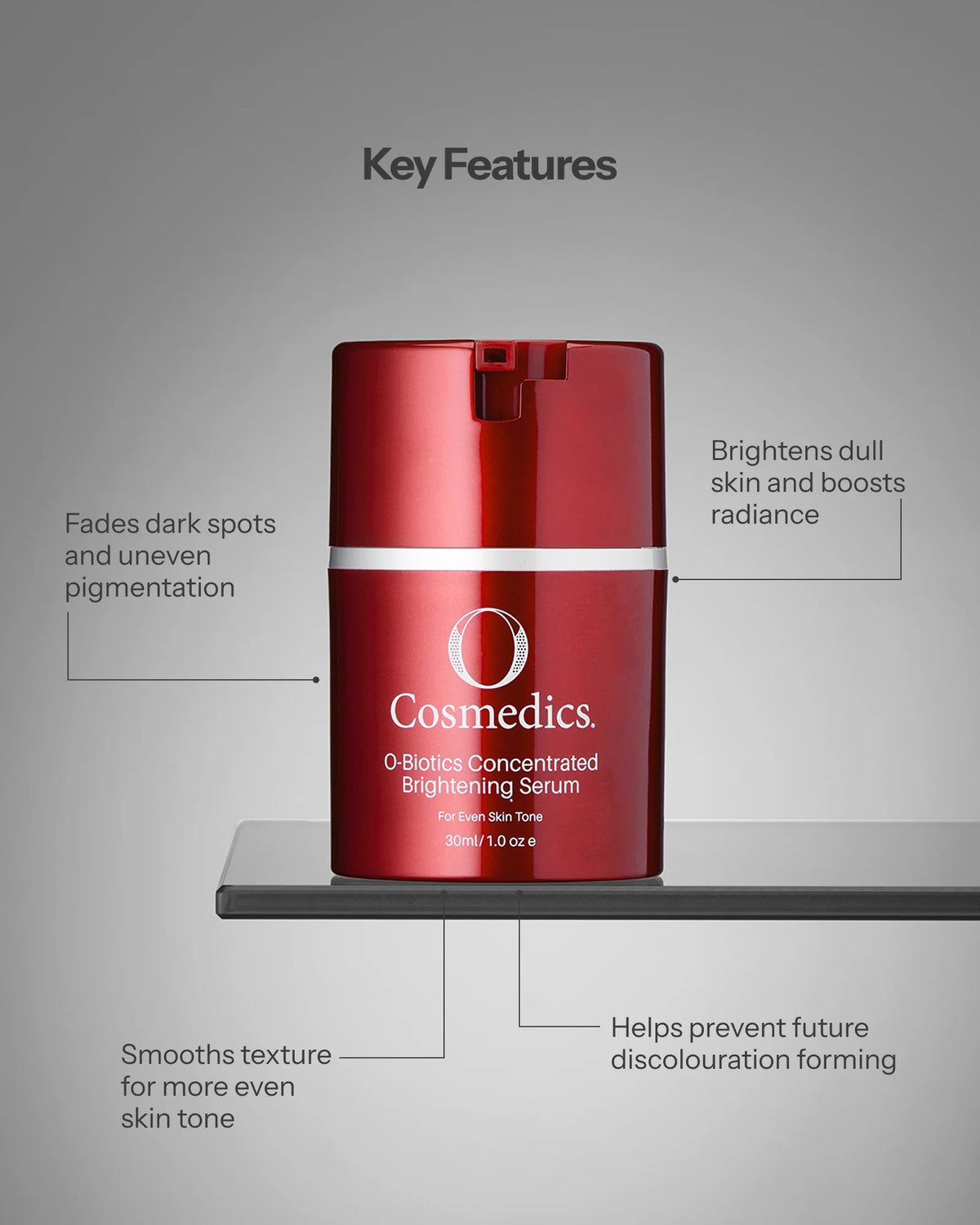 O Cosmedics O-Biotics Concentrated Brightening Serum key features for fading dark spots, boosting radiance and smoothing uneven tone.