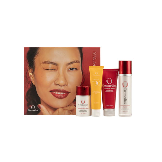 O Cosmedics Sale. Core Four Christmas Pack. Contains O Cosmedics Gentle Antioxidant Cleanser, O Cosmedics Exfoliating Cleanser, O Cosmedics Rebalancing Cream, your choice of FREE O Cosmedics Mineral Pro Sunscreen PLUS FREE Travel Bag