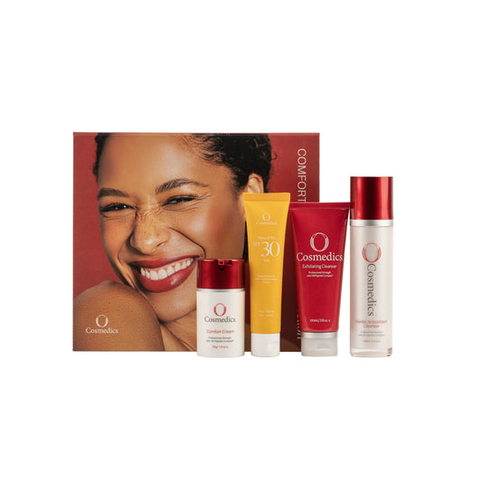 O Cosmedics Sale. Core Four Christmas Pack. Contains O Cosmedics Gentle Antioxidant Cleanser, O Cosmedics Exfoliating Cleanser, O Cosmedics Comfort Cream and your choice of O Cosmedics Mineral Pro Sunscreen